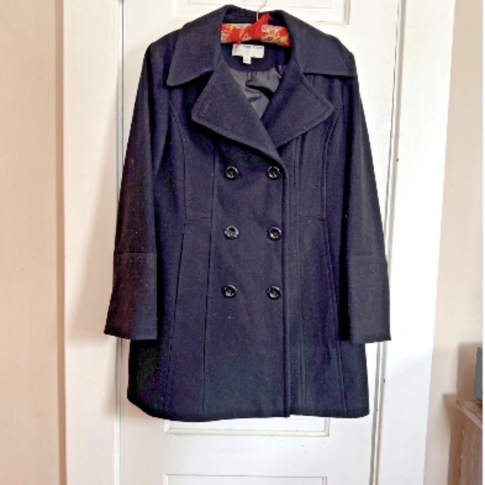 Anne Klein Black Wool Blend Double Breasted Peacoat Womens Large Outerwear‎ Coat